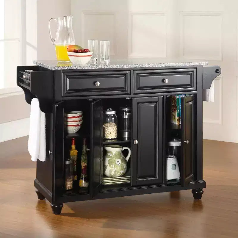 Granite Top Full Size Kitchen Island/Cart, Black/Gray, 3 Cabinets, 2 Drawers, Spice Rack