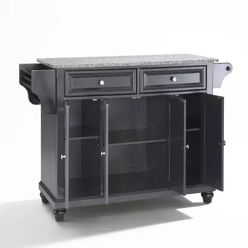 Granite Top Full Size Kitchen Island/Cart, Black/Gray, 3 Cabinets, 2 Drawers, Spice Rack