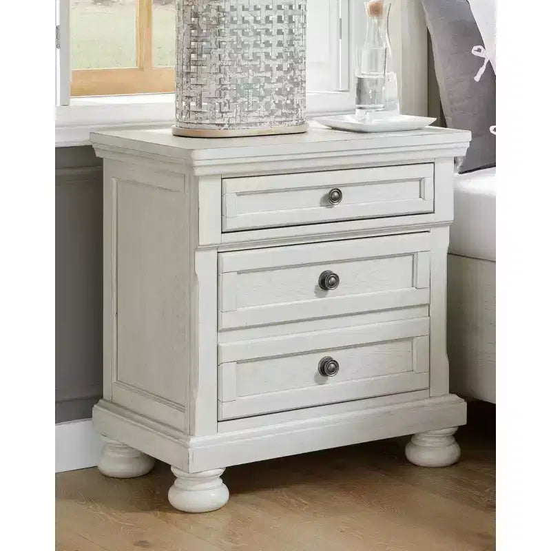 2 Drawer Nightstand White, Traditional Style, Antiqued Finish, Wood Frame