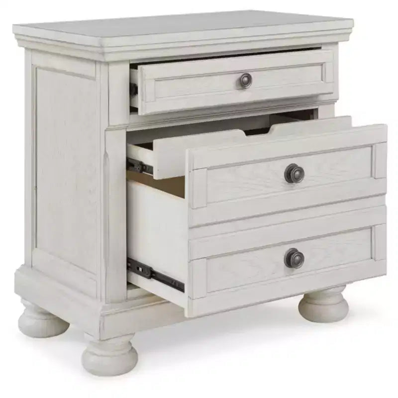 2 Drawer Nightstand White, Traditional Style, Antiqued Finish, Wood Frame