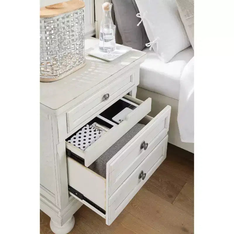 2 Drawer Nightstand White, Traditional Style, Antiqued Finish, Wood Frame