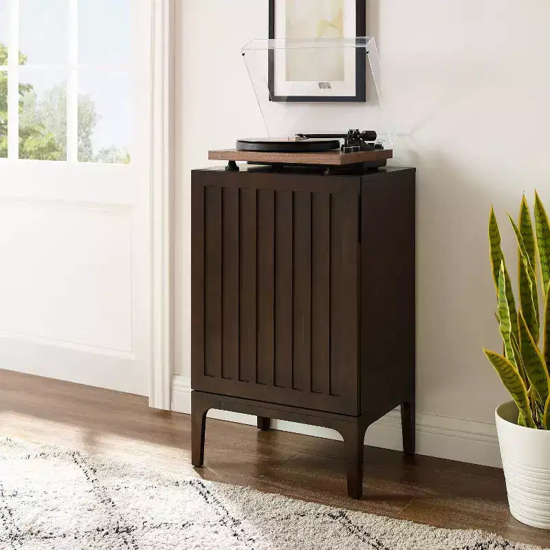 Record Storage Stand Dark Brown, Modern Turntable Cabinet with Divided Shelves