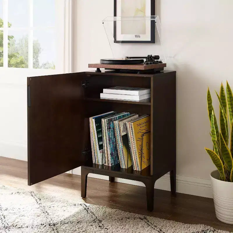 Record Storage Stand Dark Brown, Modern Turntable Cabinet with Divided Shelves