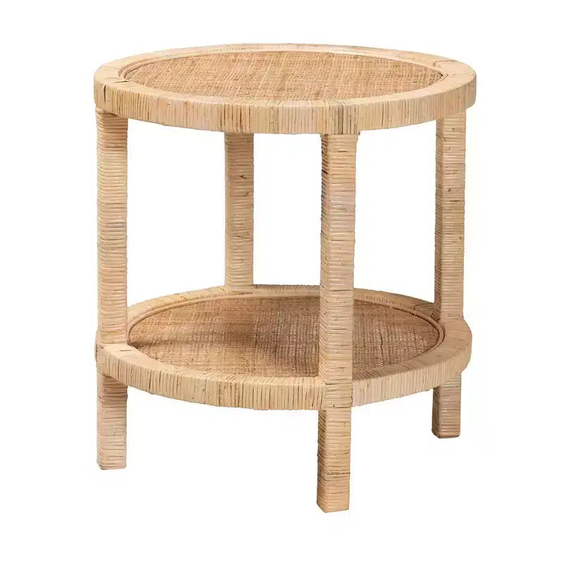 Bella Mahogany Wood and Natural Rattan 2 Tier End Table Natural Brown - Baxton Studio