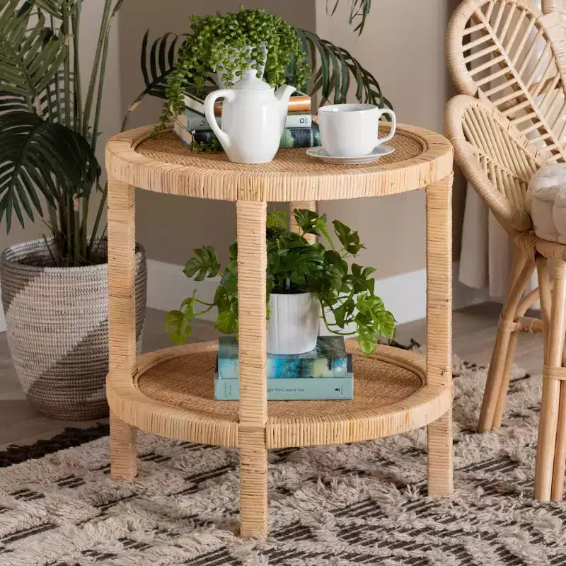 Mahogany Wood and Natural Rattan 2-Tier Round End Table, Natural Brown