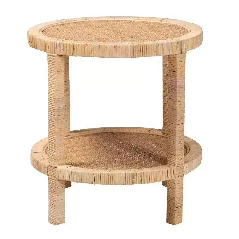 Mahogany Wood and Natural Rattan 2-Tier Round End Table, Natural Brown