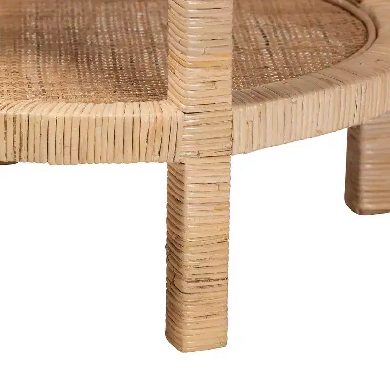 Mahogany Wood and Natural Rattan 2-Tier Round End Table, Natural Brown
