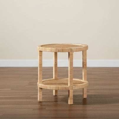 Mahogany Wood and Natural Rattan 2-Tier Round End Table, Natural Brown