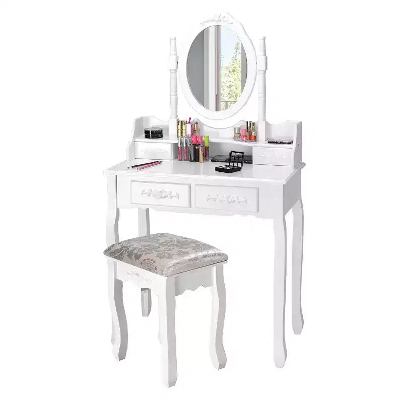 Coiffeuse en bois avec tabouret, 4 tiroirs, miroir pivotant à 360°, blanc