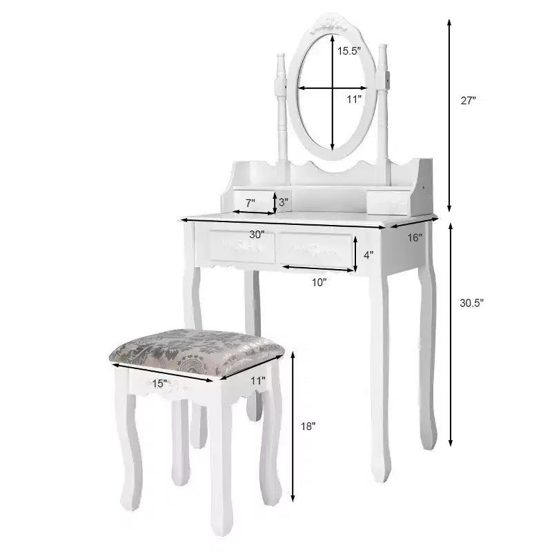 Vanity Wood Makeup Dressing Table with Stool, 4 Drawers, 360° Mirror, White
