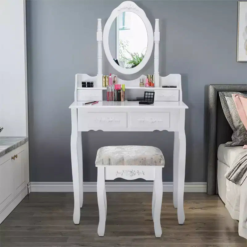 Vanity Wood Makeup Dressing Table with Stool, 4 Drawers, 360° Mirror, White