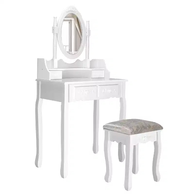 Vanity Wood Makeup Dressing Table with Stool, 4 Drawers, 360° Mirror, White