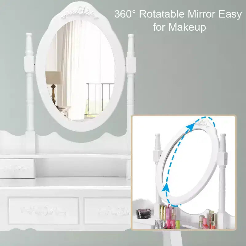 Vanity Wood Makeup Dressing Table with Stool, 4 Drawers, 360° Mirror, White