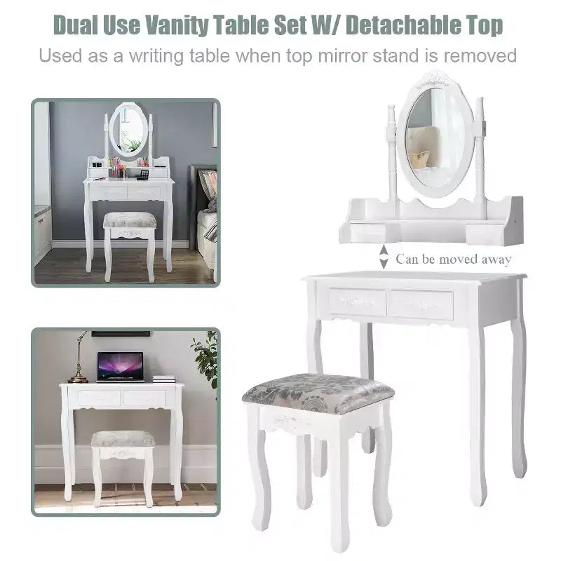 Coiffeuse en bois avec tabouret, 4 tiroirs, miroir pivotant à 360°, blanc