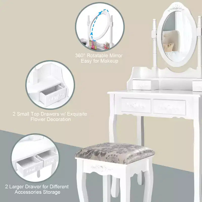 Coiffeuse en bois avec tabouret, 4 tiroirs, miroir pivotant à 360°, blanc