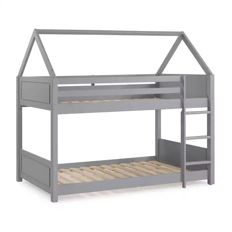 Twin Bunk Bed, Solid Pine Frame, Varnished, Built-In Guard Rails and Ladder
