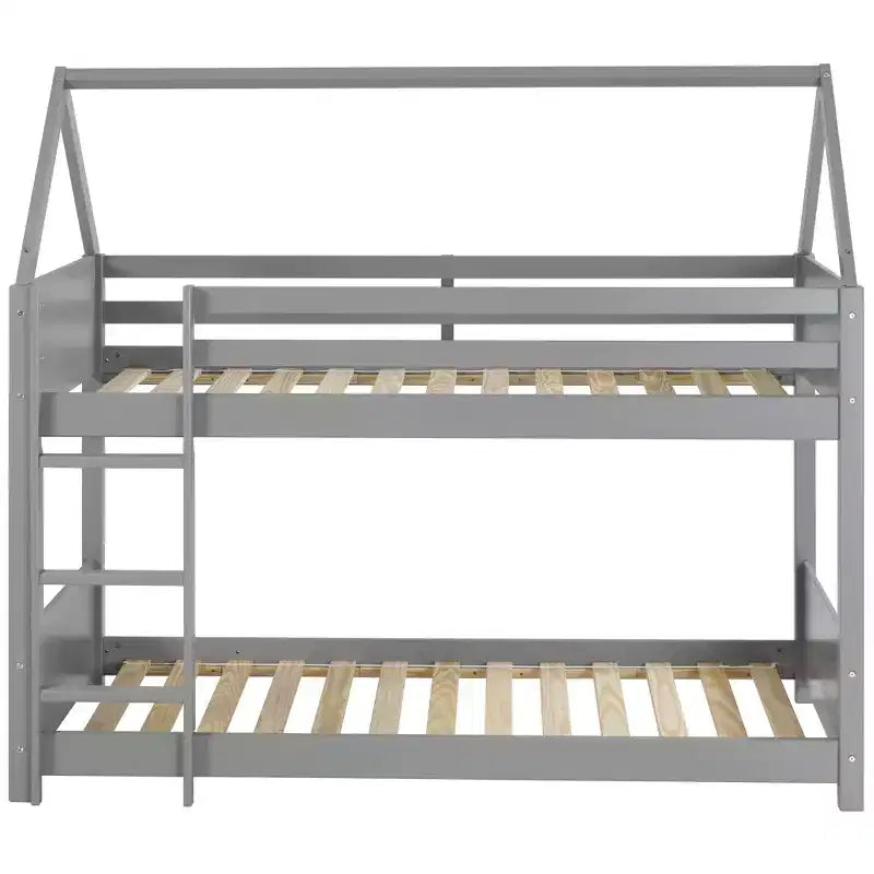Twin Bunk Bed, Solid Pine Frame, Varnished, Built-In Guard Rails and Ladder