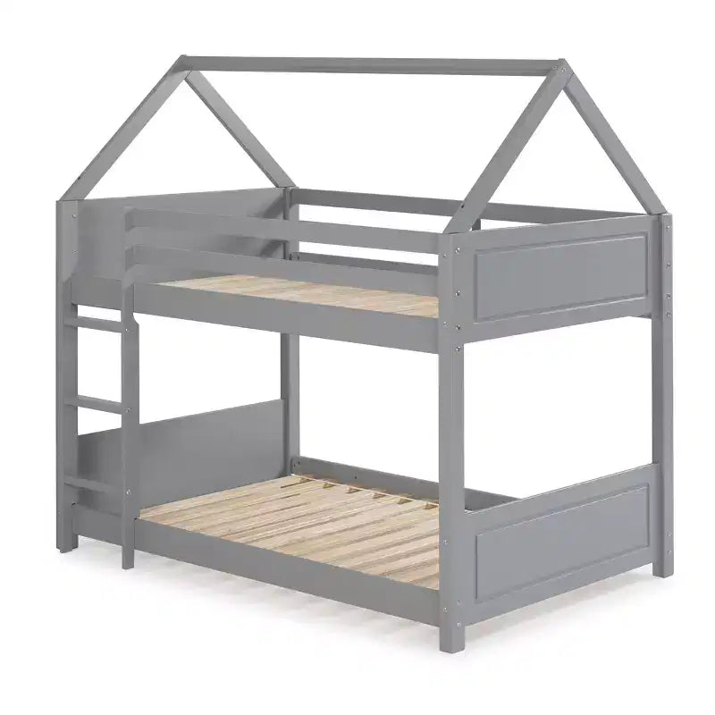 Twin Bunk Bed, Solid Pine Frame, Varnished, Built-In Guard Rails and Ladder