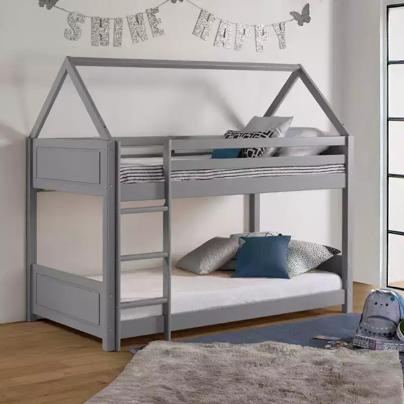Twin Bunk Bed, Solid Pine Frame, Varnished, Built-In Guard Rails and Ladder