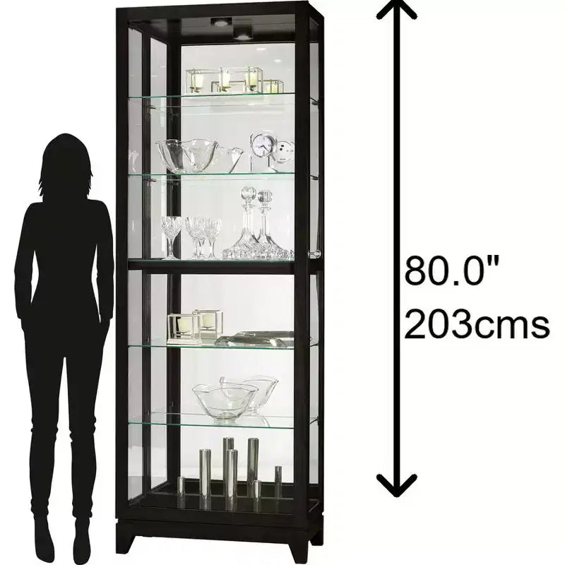 Curio Cabinet, Black Satin Finish, Locking Glass Door, 5 Adjustable Shelves, 80"H
