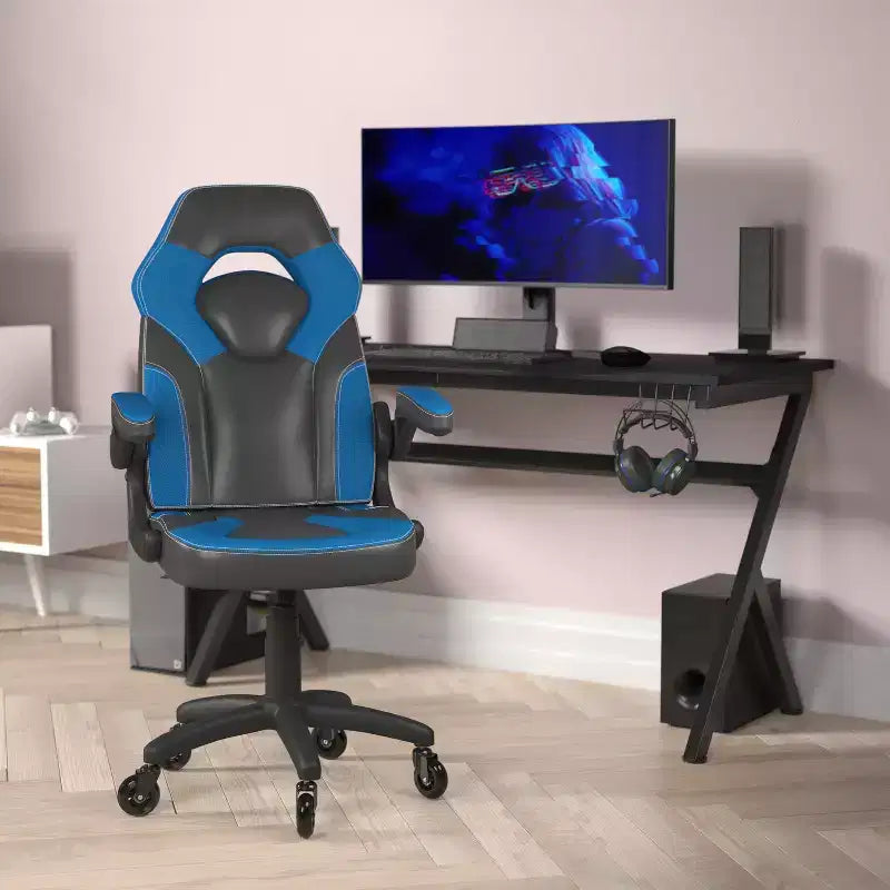 Gaming Chair, Racing Office Computer PC Adjustable Chair with Flip-up Arms and Transparent Roller Wheels