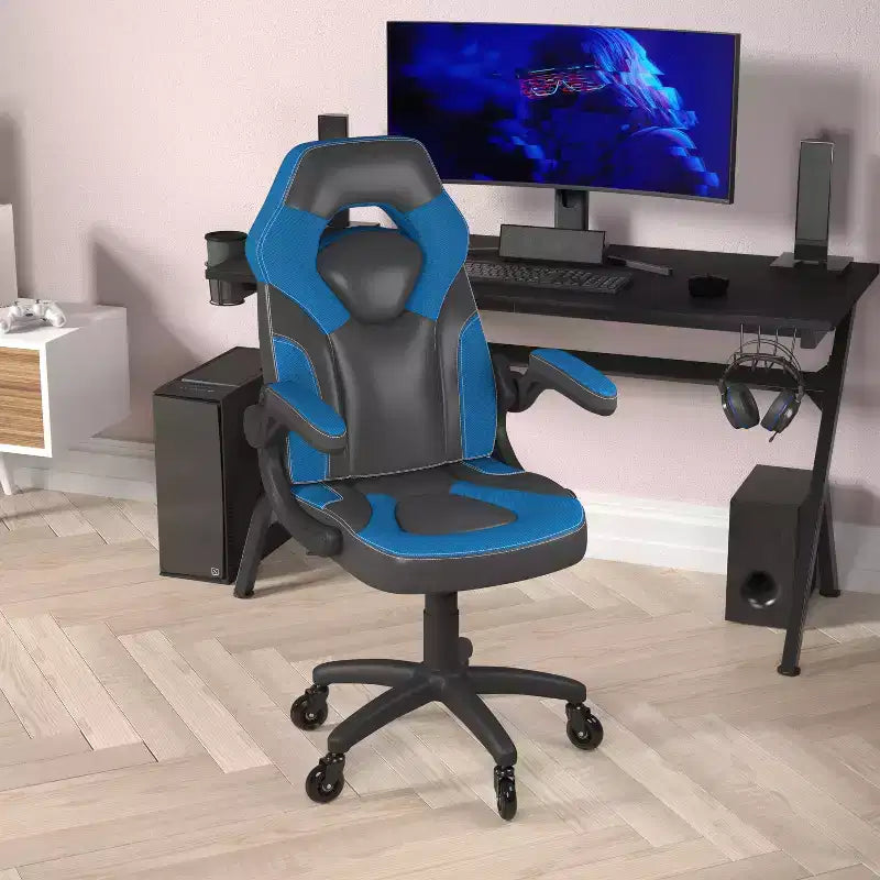 Gaming Chair, Racing Office Computer PC Adjustable Chair with Flip-up Arms and Transparent Roller Wheels