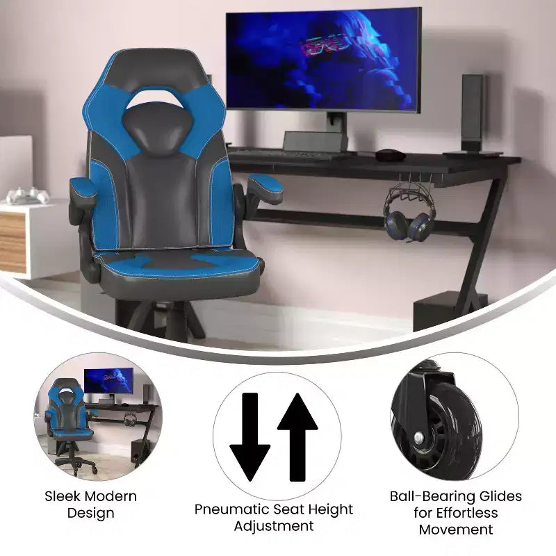 Gaming Chair, Racing Office Computer PC Adjustable Chair with Flip-up Arms and Transparent Roller Wheels