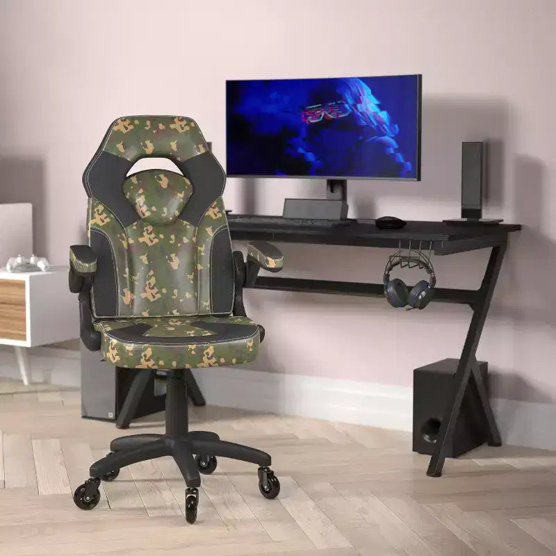 Gaming Chair, Racing Office Computer PC Adjustable Chair with Flip-up Arms and Transparent Roller Wheels