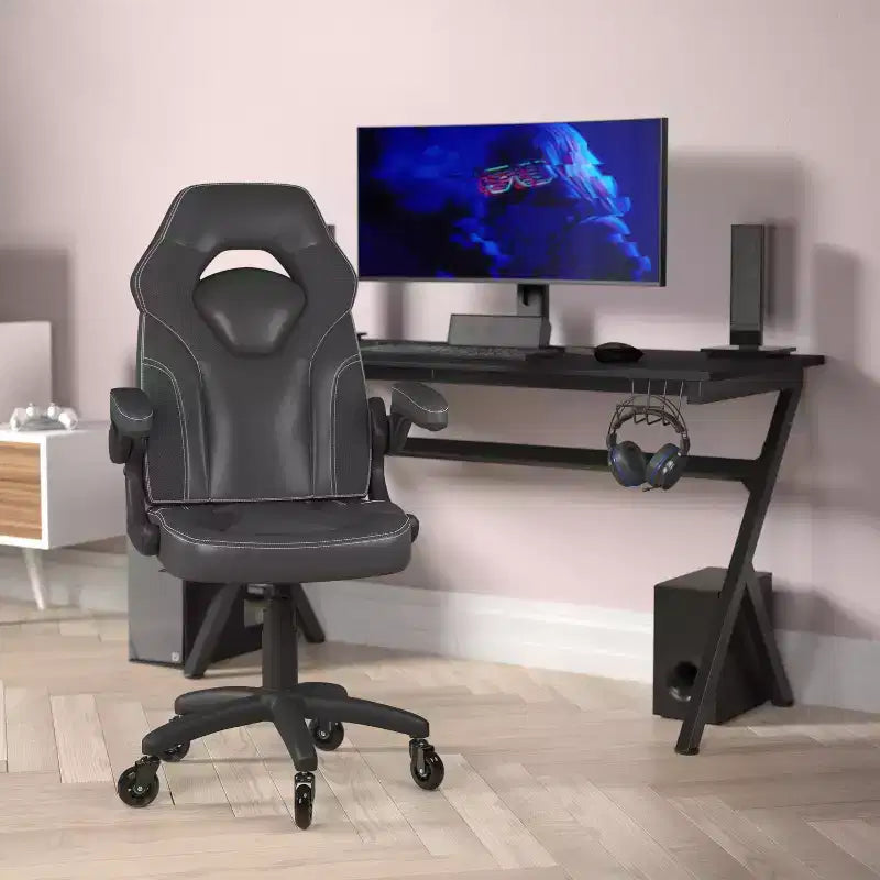 Gaming Chair, Racing Office Computer PC Adjustable Chair with Flip-up Arms and Transparent Roller Wheels