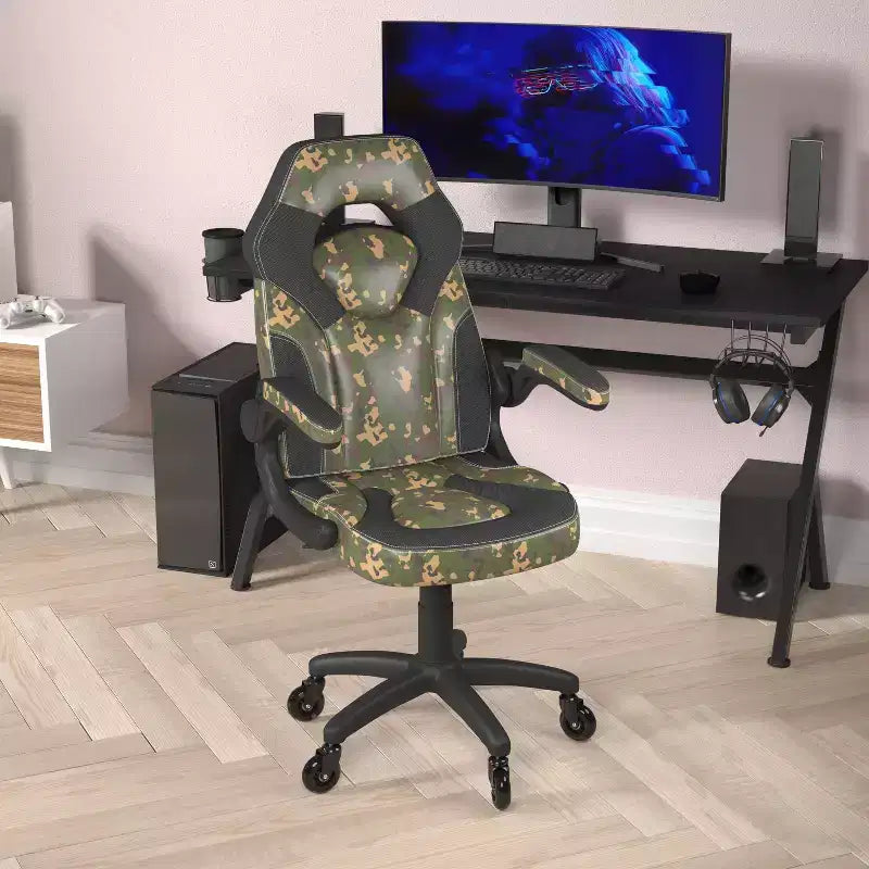 Gaming Chair, Racing Office Computer PC Adjustable Chair with Flip-up Arms and Transparent Roller Wheels