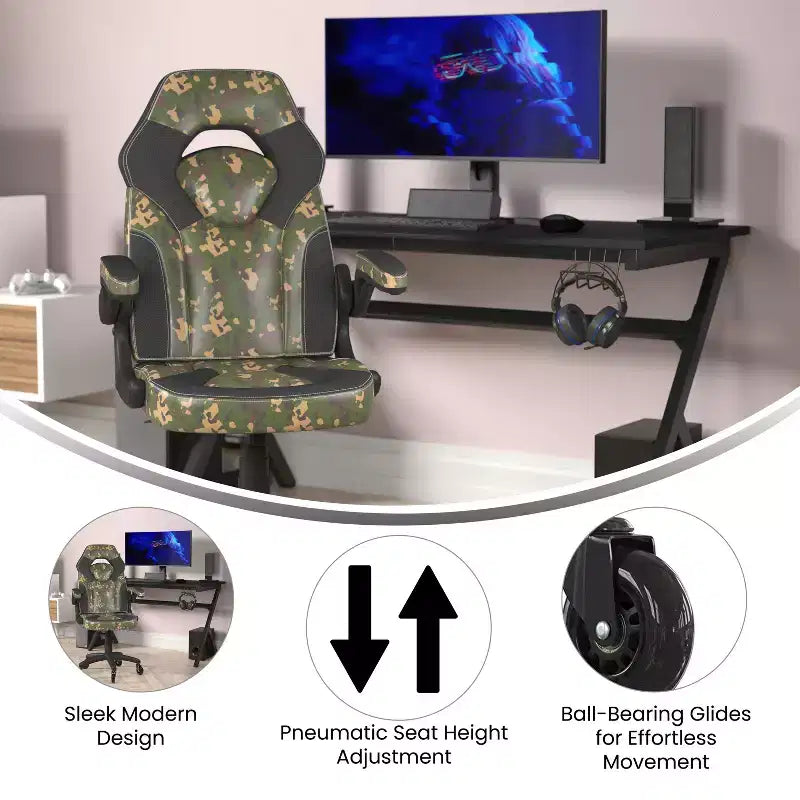 Gaming Chair, Racing Office Computer PC Adjustable Chair with Flip-up Arms and Transparent Roller Wheels