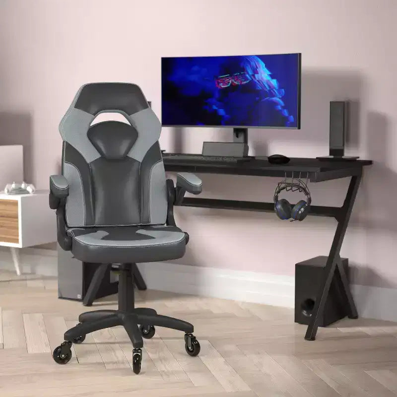 Gaming Chair, Racing Office Computer PC Adjustable Chair with Flip-up Arms and Transparent Roller Wheels