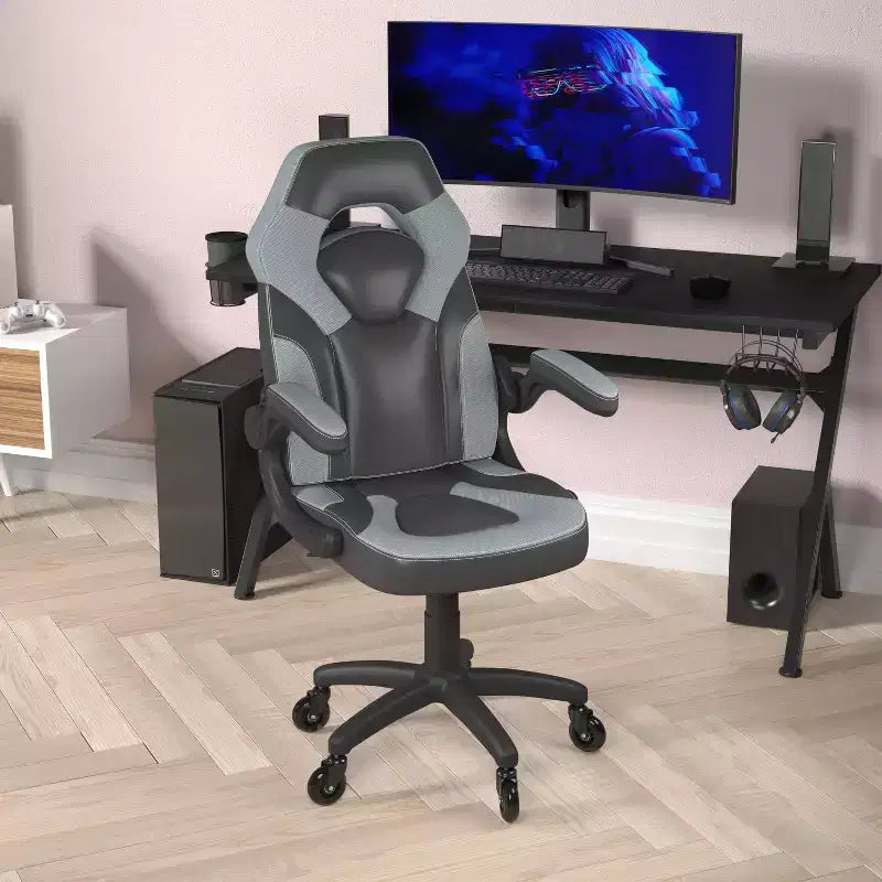 Gaming Chair, Racing Office Computer PC Adjustable Chair with Flip-up Arms and Transparent Roller Wheels