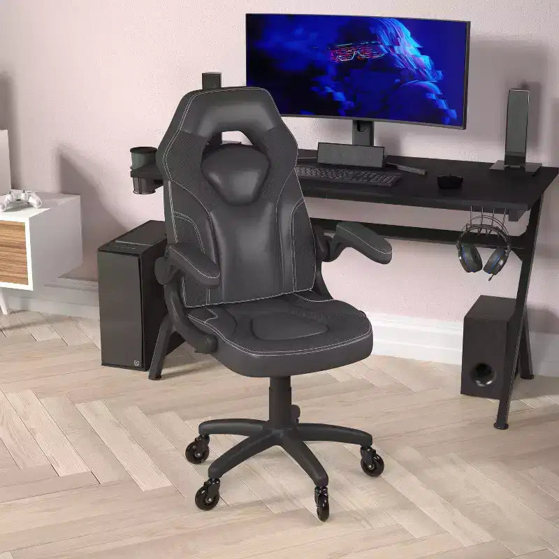 Gaming Chair, Racing Office Computer PC Adjustable Chair with Flip-up Arms and Transparent Roller Wheels