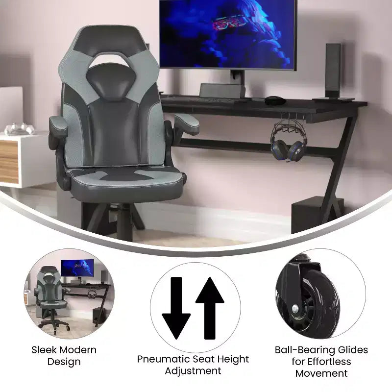 Gaming Chair, Racing Office Computer PC Adjustable Chair with Flip-up Arms and Transparent Roller Wheels