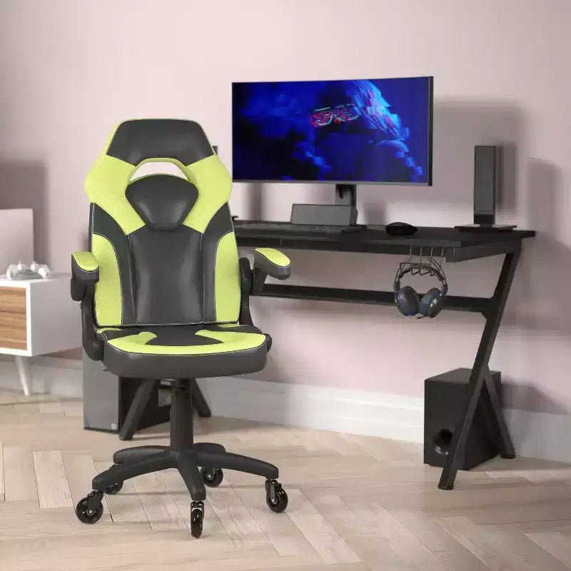 Gaming Chair, Racing Office Computer PC Adjustable Chair with Flip-up Arms and Transparent Roller Wheels