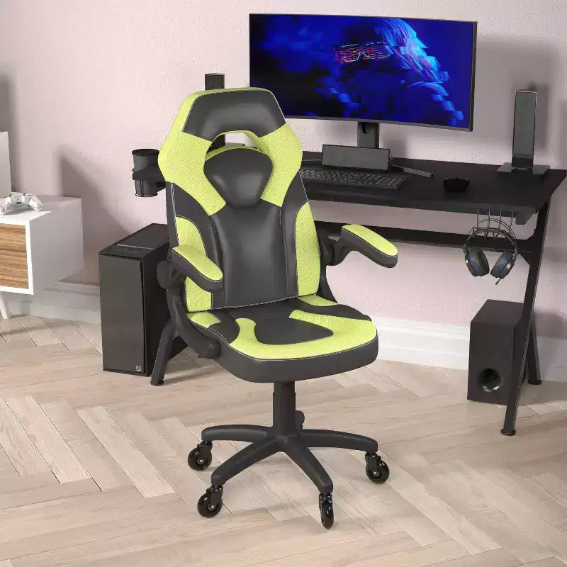 Gaming Chair, Racing Office Computer PC Adjustable Chair with Flip-up Arms and Transparent Roller Wheels