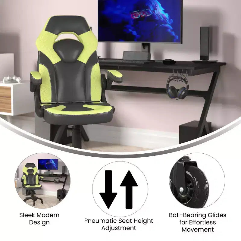 Gaming Chair, Racing Office Computer PC Adjustable Chair with Flip-up Arms and Transparent Roller Wheels