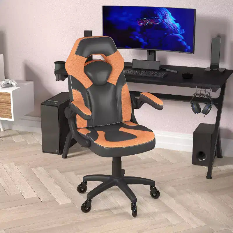 Gaming Chair, Racing Office Computer PC Adjustable Chair with Flip-up Arms and Transparent Roller Wheels