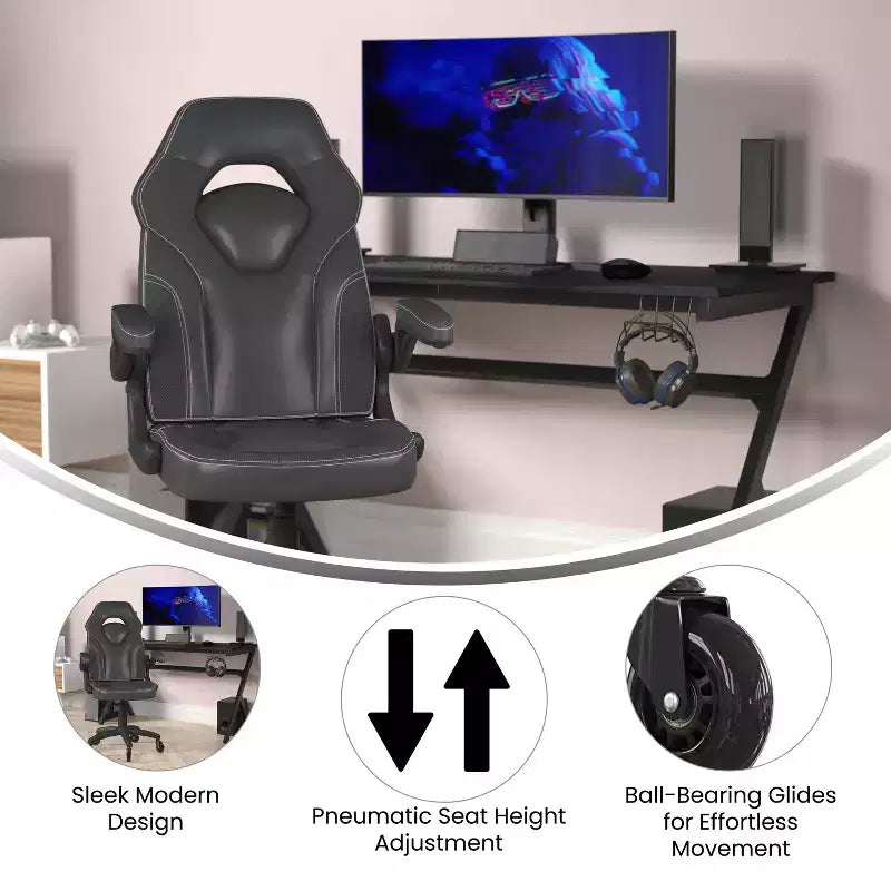 Gaming Chair, Racing Office Computer PC Adjustable Chair with Flip-up Arms and Transparent Roller Wheels