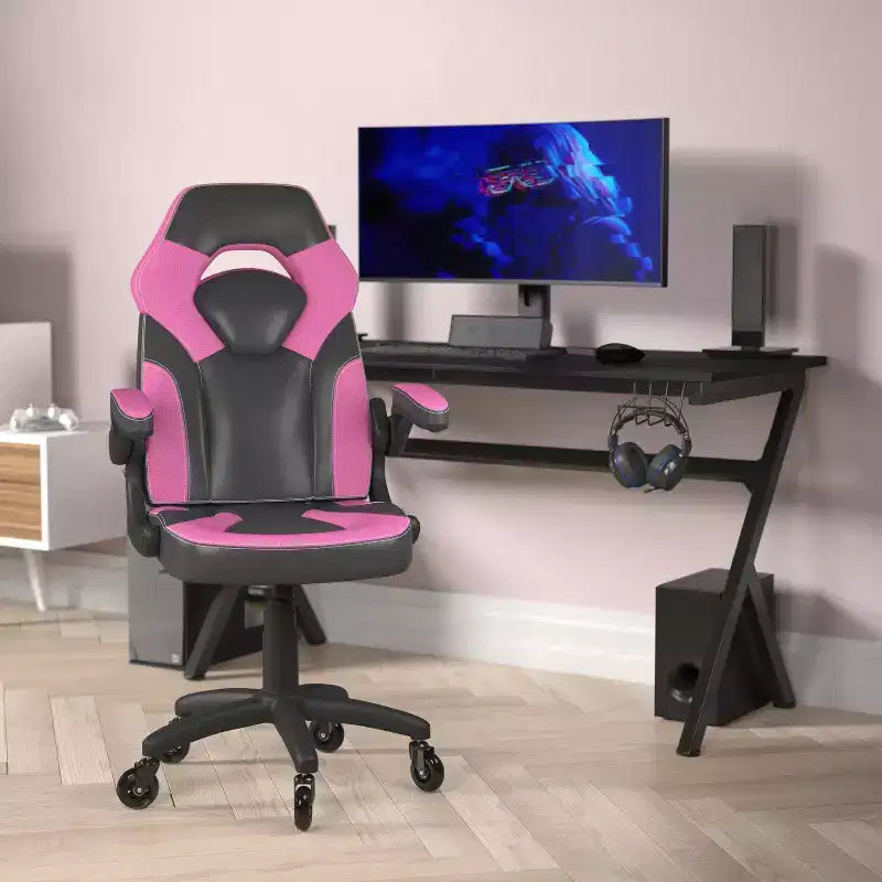 Gaming Chair, Racing Office Computer PC Adjustable Chair with Flip-up Arms and Transparent Roller Wheels
