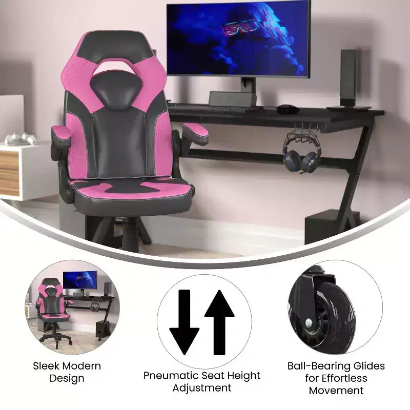 Gaming Chair, Racing Office Computer PC Adjustable Chair with Flip-up Arms and Transparent Roller Wheels
