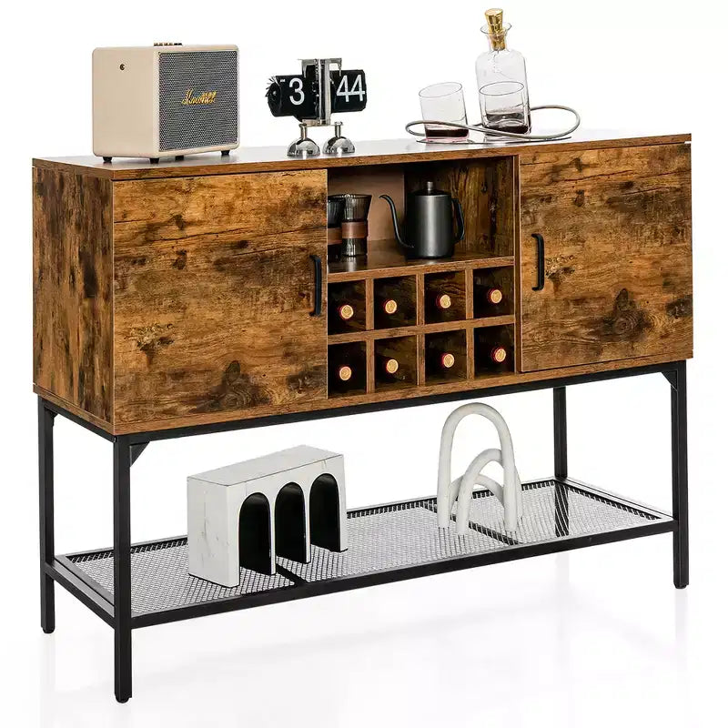Industrial Kitchen Buffet Sideboard, 2-Door Console Table with Open Shelf and Wine Rack