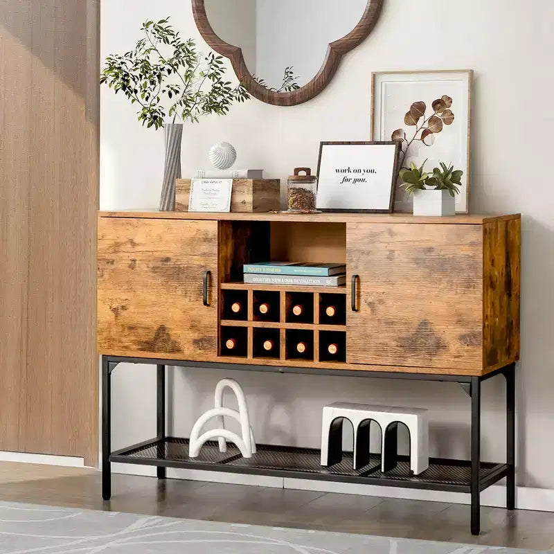 Industrial Kitchen Buffet Sideboard, 2-Door Console Table with Open Shelf and Wine Rack