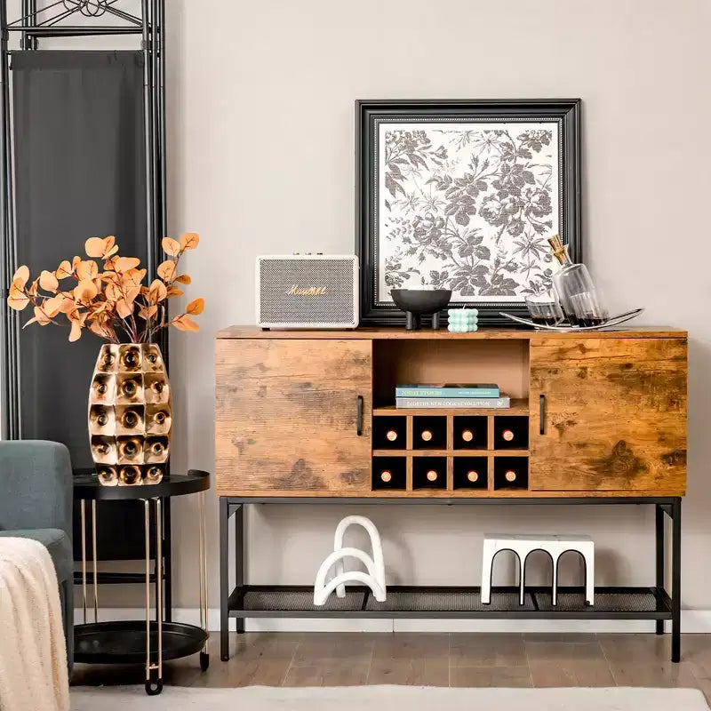 Industrial Kitchen Buffet Sideboard, 2-Door Console Table with Open Shelf and Wine Rack