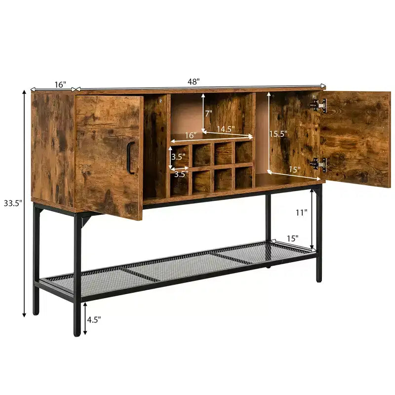 Industrial Kitchen Buffet Sideboard, 2-Door Console Table with Open Shelf and Wine Rack