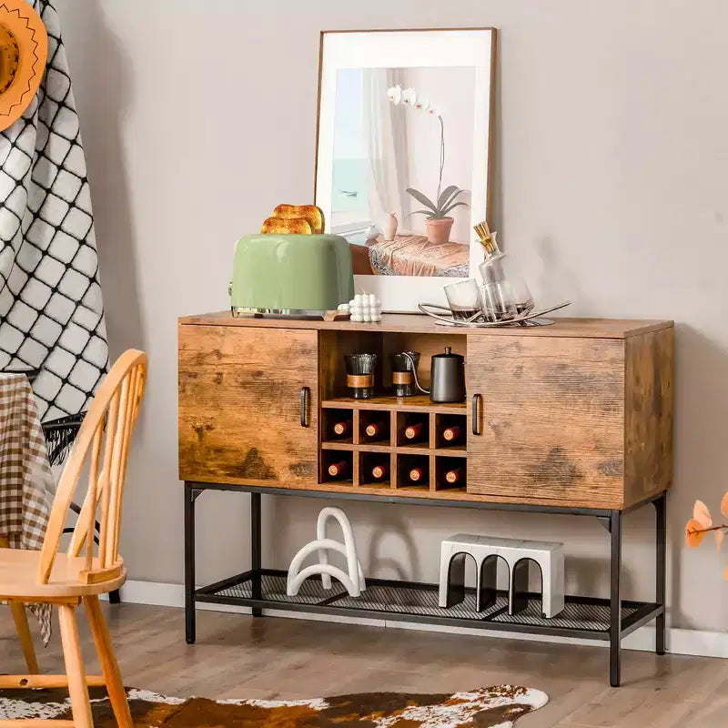 Industrial Kitchen Buffet Sideboard, 2-Door Console Table with Open Shelf and Wine Rack
