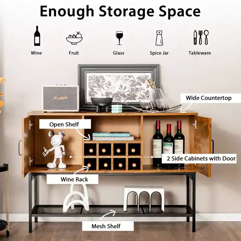 Industrial Kitchen Buffet Sideboard, 2-Door Console Table with Open Shelf and Wine Rack