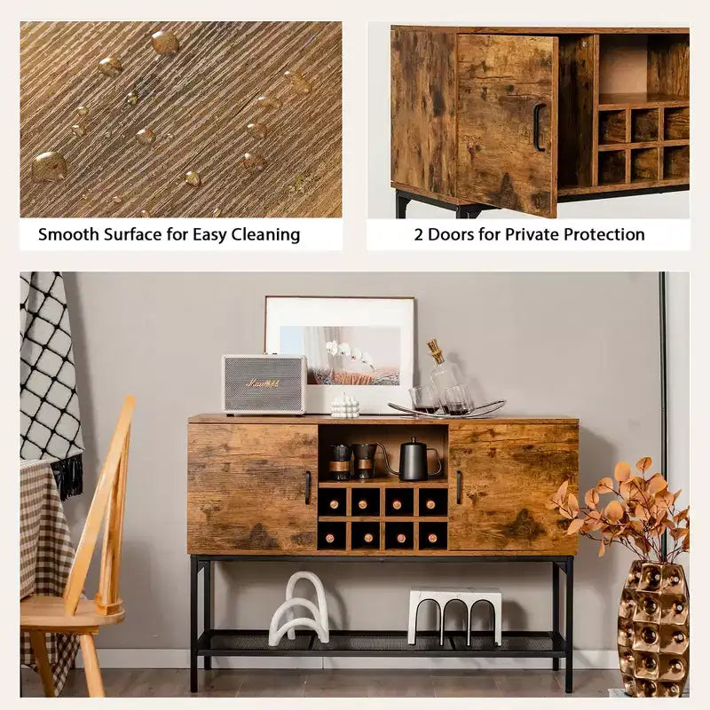 Industrial Kitchen Buffet Sideboard, 2-Door Console Table with Open Shelf and Wine Rack