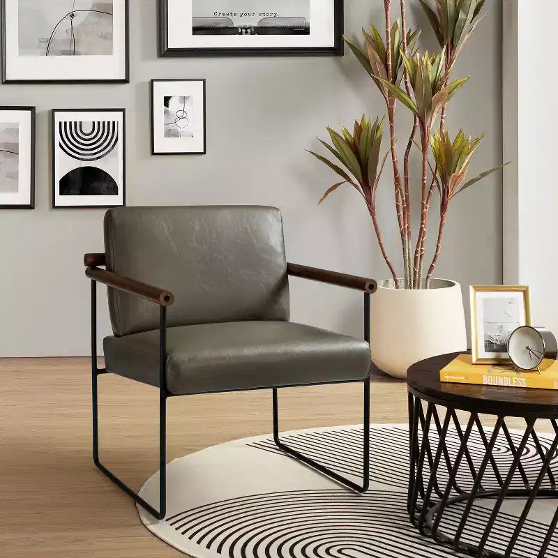 Elisa Modern Leather Accent Armchair With Metal Base And Special Arms| ART OF LIVING DESIGNS